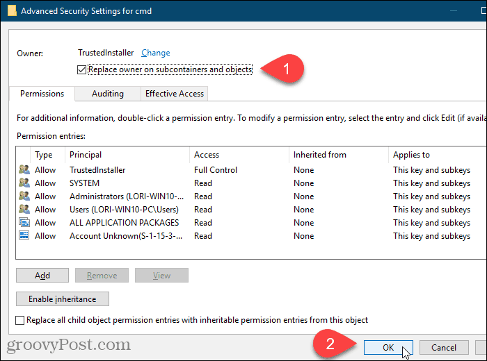 Marker boksen Erstatt ejer på underbeholdere og objekter i dialogboksen Avancerede sikkerhedsindstillinger i Windows Registry Editor
