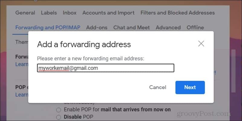 skærmbillede af tilføjelse af videresende e-mail