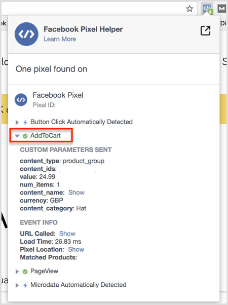 Facebook Pixel Helper-plugin-resultater på Tilføj til indkøbskurv-siden