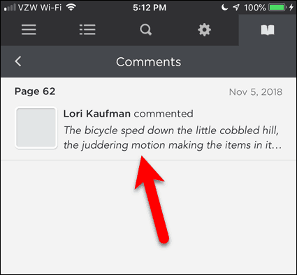 Tryk på en kommentar i BookFusion til iOS