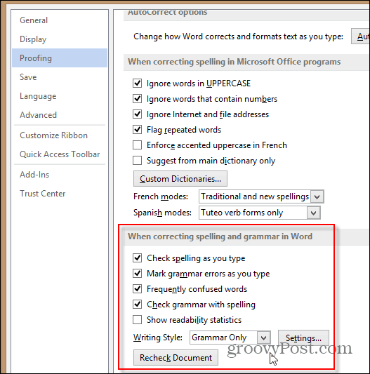 Word 2013 konfigurerer grammatik og stilindstillinger