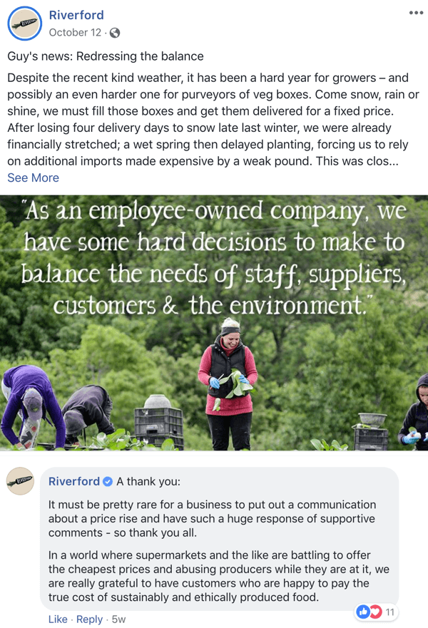 Eksempel på et Facebook-indlæg, der understøtter engagement fra Riverford.
