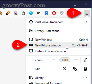 Vælg Nyt privat vindue i Firefox til Windows