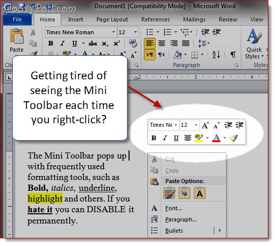 Fjern Mini-Toolbar i Word 2007 og Word 2010