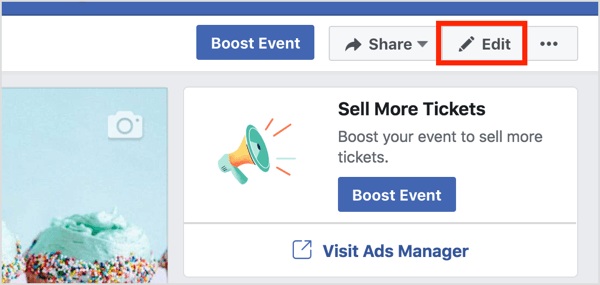 For at tilføje en co-vært til en eksisterende Facebook-begivenhed skal du klikke på Rediger på begivenhedssiden.