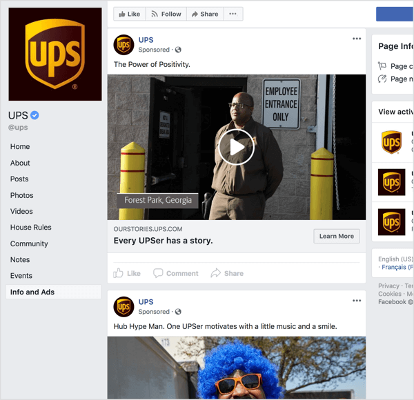Hvis du ser på Facebook-annoncer fra UPS, er det klart, at de bruger historiefortælling og følelsesmæssig appel til at opbygge brandbevidsthed.
