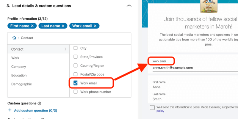 skærmbillede af feltet E-mail-arbejde valgt til leadgen-formularen i LinkedIn-annonceopsætning