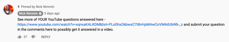 fastgjort YouTube-videokommentar af Nick Nimmin, der deler en anden YouTube-video, som hans publikum måske er interesseret i