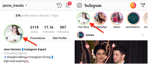 Grøn cirkelindikator til dit Instagram-profilbillede, når du har delt en historie til din nære venneliste.