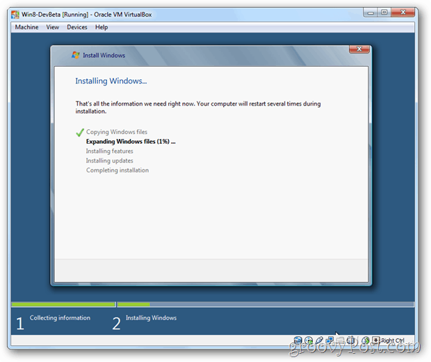 VirtualBox Windows 8 installerer windows skærm