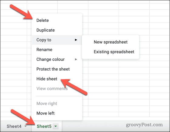 Skjuler eller sletter et ark i Google Sheets