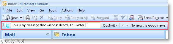 Twitter inde i Outlook OutTwit outlook-boksen 
