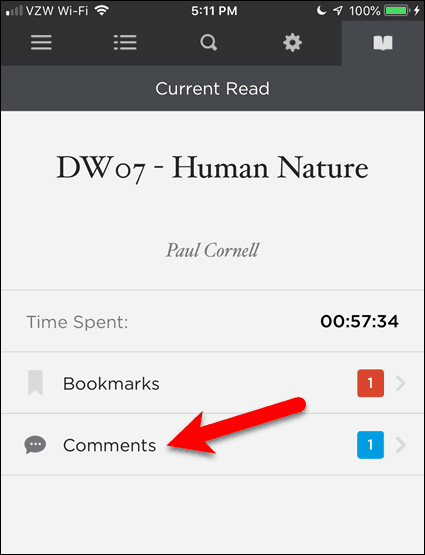 Tryk på Kommentarer i BookFusion til iOS
