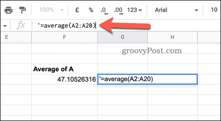 Forvandling af en formel til en tekststreng i Google Sheets