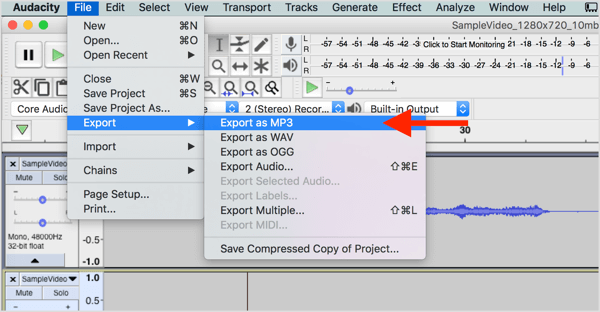 Vælg Filer> Eksport> Eksporter som MP3 for at downloade lydfilen fra Audacity.