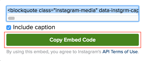 Klik på den grønne knap for at kopiere Instagram-indlejringskoden.