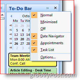 Outlook 2007 To-Do Bar - Højreklik for at vælge muligheder