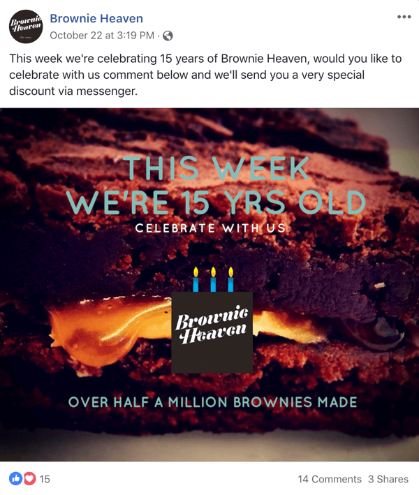 Eksempel på Facebook-indlæg med et tilbud fra Brownie Heaven.