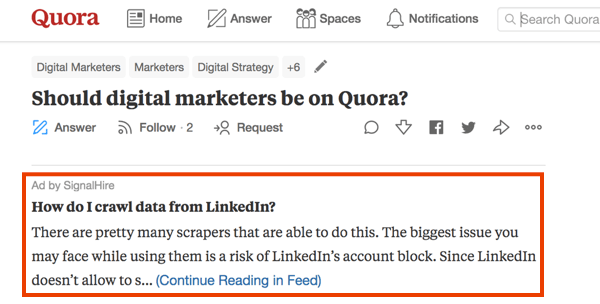 Eksempel på markedsføring på Quora med en betalt annonce.
