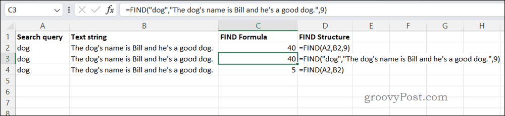 Eksempel FIND formel i Excel
