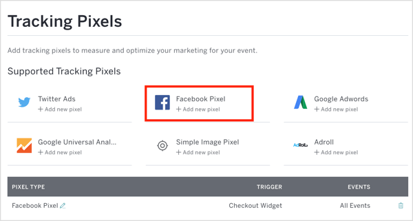 I Eventbrite skal du klikke på Facebook Pixel og indtaste dit pixel-id og andre detaljer.