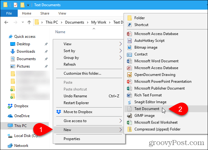 Gå til nyt> Tekstdokument i Windows File Explorer
