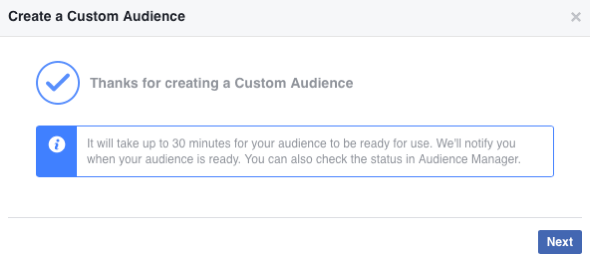 Når du har oprettet dit nye Facebook-tilpassede publikum, kan det tage op til 30 minutter at udfylde det.