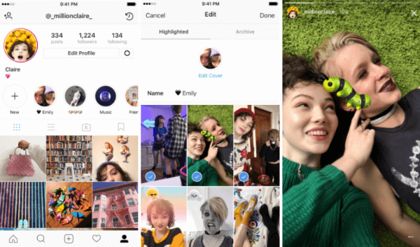 Instagram Stories Highlights giver brugerne mulighed for at vælge og gruppere tidligere historier i navngivne samlinger.