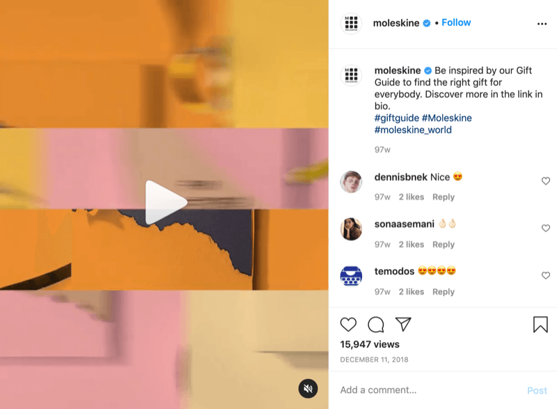 eksempel på et instagram-gaveideevideoindlæg fra @moleskine med en opfordring til handling, der henviser seerne til linket i biografen for mere