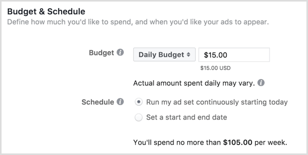 Facebook-annonceringsbudget og tidsplan
