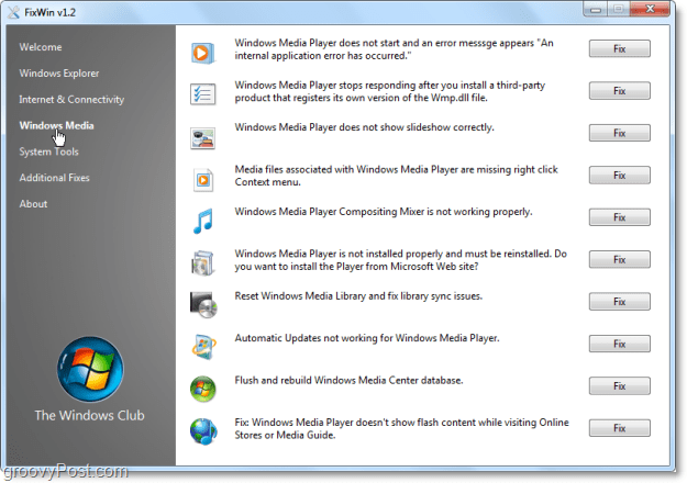 FixWin Windows Meda fikser skærmbillede