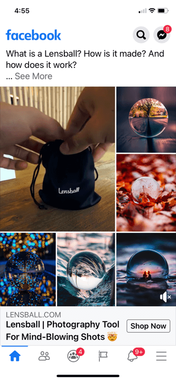 eksempel på facebook-annonce collage til lensball, der viser produktet i en lille sort snørepose sammen med 5 eksempler på billeder af produktet, der bruges i billeder