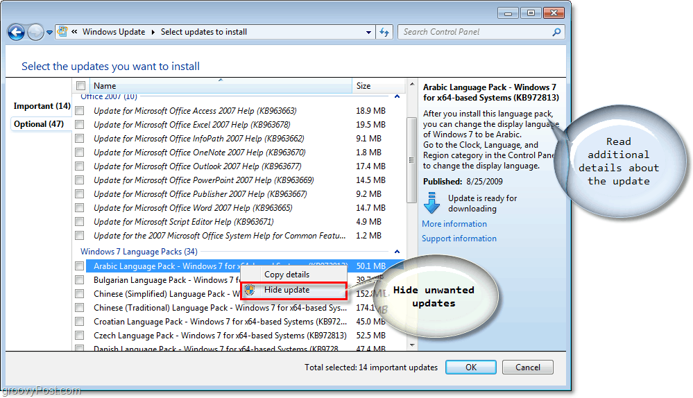 Windows 7 - Windows Update Tilgængelige opdateringer Afkrydsningsfelt for bokse