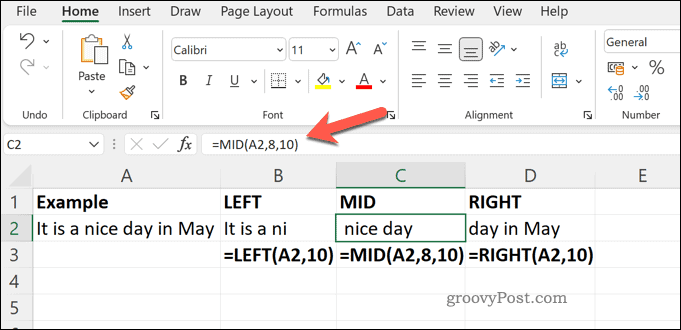Et eksempel på MID RIGHT og LEFT funktionerne i Excel