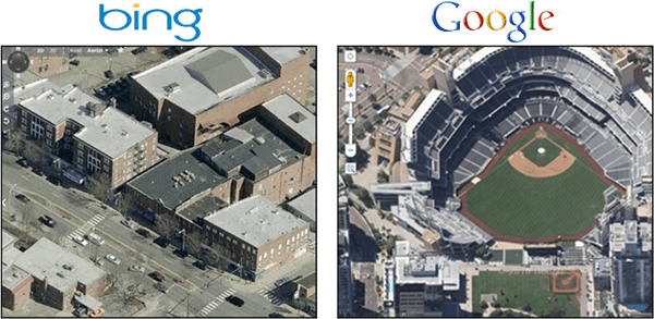 Google Maps Overhead 45 graders visning vs. Bing Birds Eye