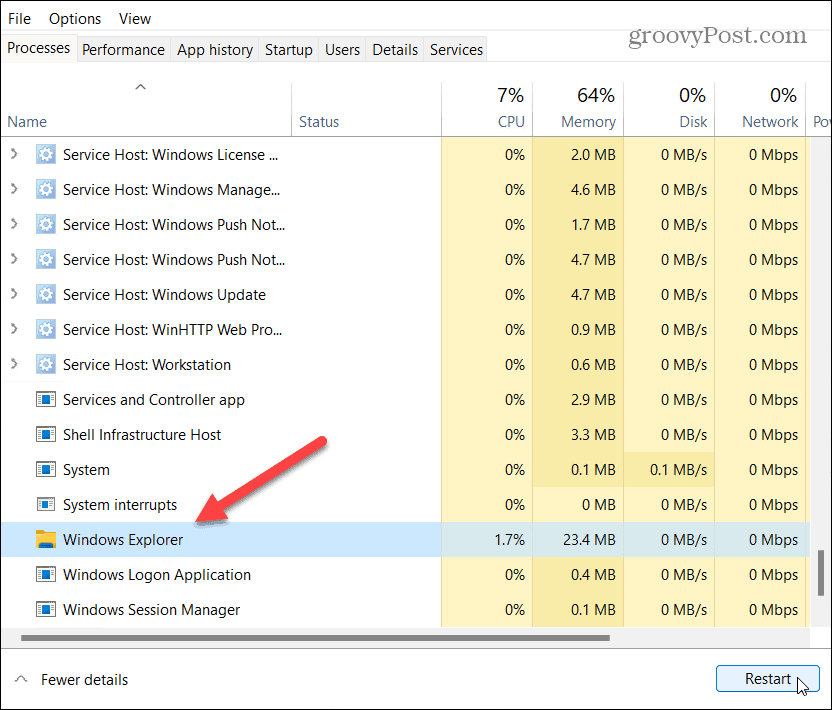 genstart Windows Explorer Task Manager