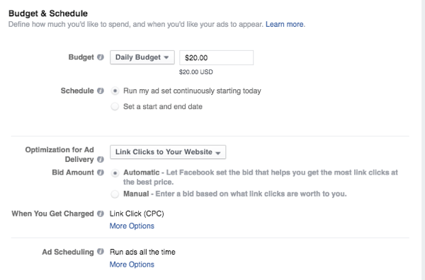 facebook annoncer budget og tidsplan
