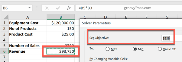 Cellen Sæt mål i Solver til Excel