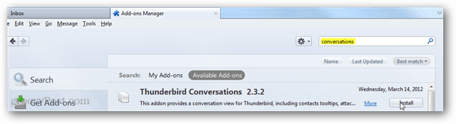 thunderbird-samtaler - installer tilføjelse via søgesiden
