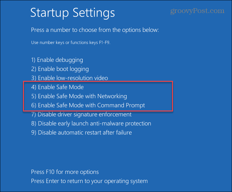 Sikker tilstand Startup Indstillinger Windows 11