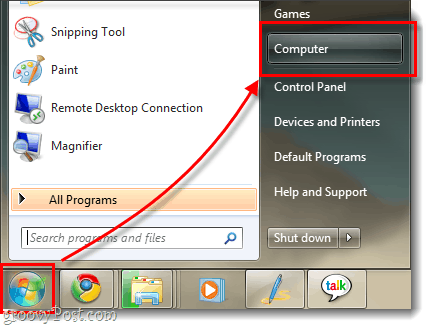 Windows 7 min computer menu og viser start menu orb