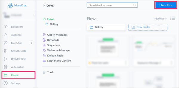 Klik på knappen Ny flow på fanen Flows i ManyChat.