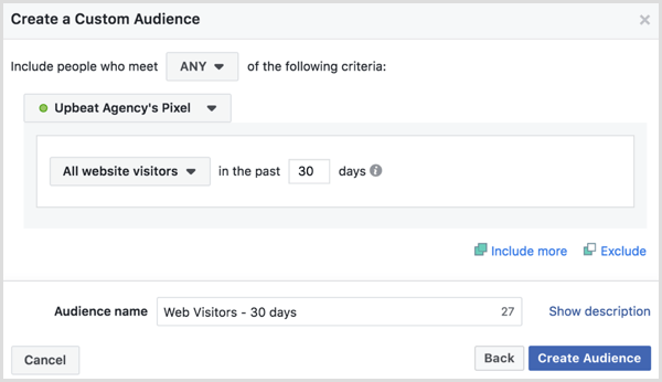 Vælg indstillinger for at oprette Facebook tilpasset publikum for alle besøgende på websitet i de sidste 30 dage