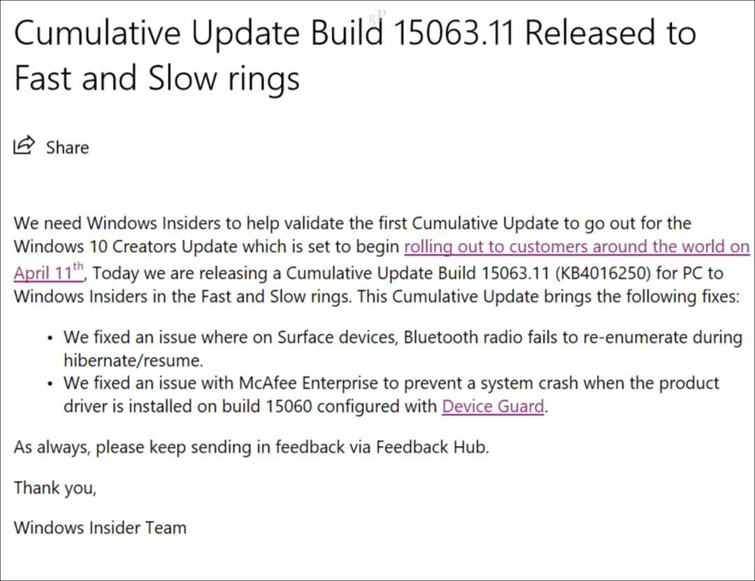 Den første kumulative opdatering til Windows 10 Creators Update blev udgivet