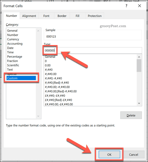 Tilføjelse af brugerdefineret formatering til Excel-celler for at tilføje førende nuller