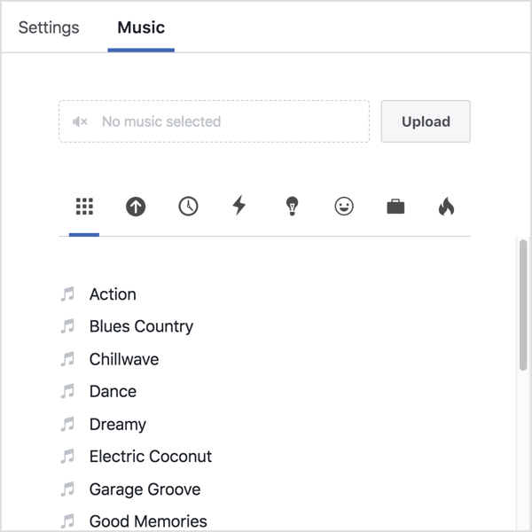 Klik på fanen Musik, og upload enten din egen lyd, eller vælg et spor fra Facebooks bibliotek.