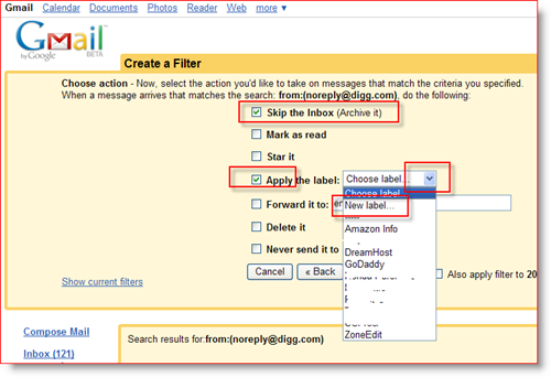 Opret GMail-filterhandlinger og tildel etiket
