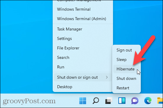 Dvaletilstand tilgængelig i menuen Windows + X i Windows 11