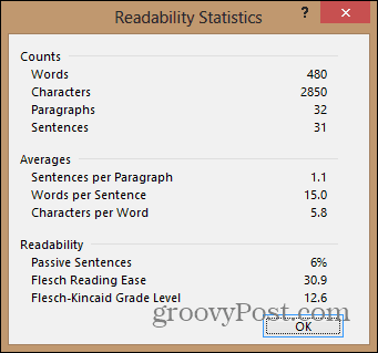 Word 2013-læsbarhedsdokumentstatistikker