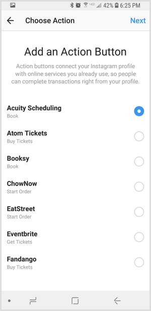 vælg tredjepartsapp på Instagram Tilføj en skærm med handlingsknapper